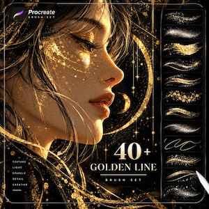 May include: A digital Procreate brush set featuring 40+ golden line brushes. The display shows a profile of a person with gold glitter accents, a crescent moon, and a vertical panel showcasing various gold-textured brush strokes on black.