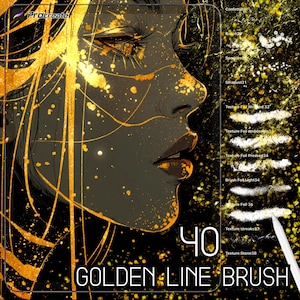 May include: Digital art featuring a woman's profile with gold accents and a black background. The image includes the text "40 GOLDEN LINE BRUSH" and a list of brush types, including "Confetti", "Stradust", and "Texture Foil".