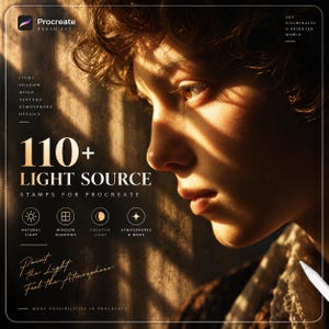 May include: A digital product advertisement for 110+ Light Source Stamps for Procreate. The graphic features a person's face illuminated by window light shadows, with text including '110+ LIGHT SOURCE STAMPS FOR PROCREATE', 'Paint the Light', and 'Feel the Atmosphere'.