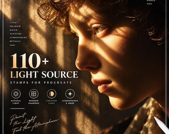 May include: A digital product advertisement for 110+ Light Source Stamps for Procreate. The graphic features a person's face illuminated by window light shadows, with text including '110+ LIGHT SOURCE STAMPS FOR PROCREATE', 'Paint the Light', and 'Feel the Atmosphere'.