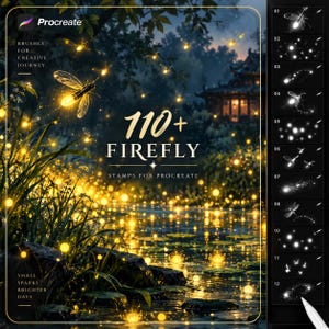 Puede incluir: Un conjunto de pinceles digitales para Procreate con más de 110 sellos de luciérnagas. La imagen principal muestra una luciérnaga brillante sobre un estanque nocturno con luces doradas. Una barra lateral muestra doce ejemplos numerados.