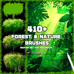 Puede incluir: Ilustración digital de una exuberante escena de bosque verde con luz solar que atraviesa las hojas. La imagen incluye el texto "410+ FOREST & NATURE BRUSHES" y el logotipo de Procreate, indicando un conjunto de pinceles digitales.