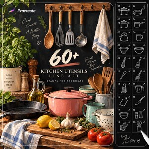 Könnte beinhalten: Eine digitale Grafik für Procreate mit dem Text 60+ KITCHEN UTENSILS LINE ART STAMPS FOR PROCREATE. Das Bild zeigt eine Küchenszene mit einem rosa Schmortopf, einer schwarzen Pfanne, frischen Lebensmitteln und einer Seitenleiste mit zwanzig Symbolen.