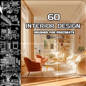 Könnte beinhalten: Ein Bild, das Innenarchitektur-Pinsel für Procreate bewirbt. Der Text lautet "60 INTERIOR DESIGN BRUSHES FOR PROCREATE". Das Bild zeigt ein digital gerendertes Wohnzimmer mit Sofa, Stühlen und einem Couchtisch. Links befindet sich eine Schwarz-Weiß-Skizze von Innenarchitekturelementen.