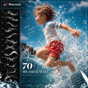Könnte beinhalten: Ein digitales Pinselset für Procreate mit dem Titel 70+ Splash & Wave Brush Set, das eine vertikale Seitenleiste mit zwölf nummerierten Wasserspritzer-Symbolen und ein zentrales Bild eines Kindes beim Sprung ins Wasser zeigt.