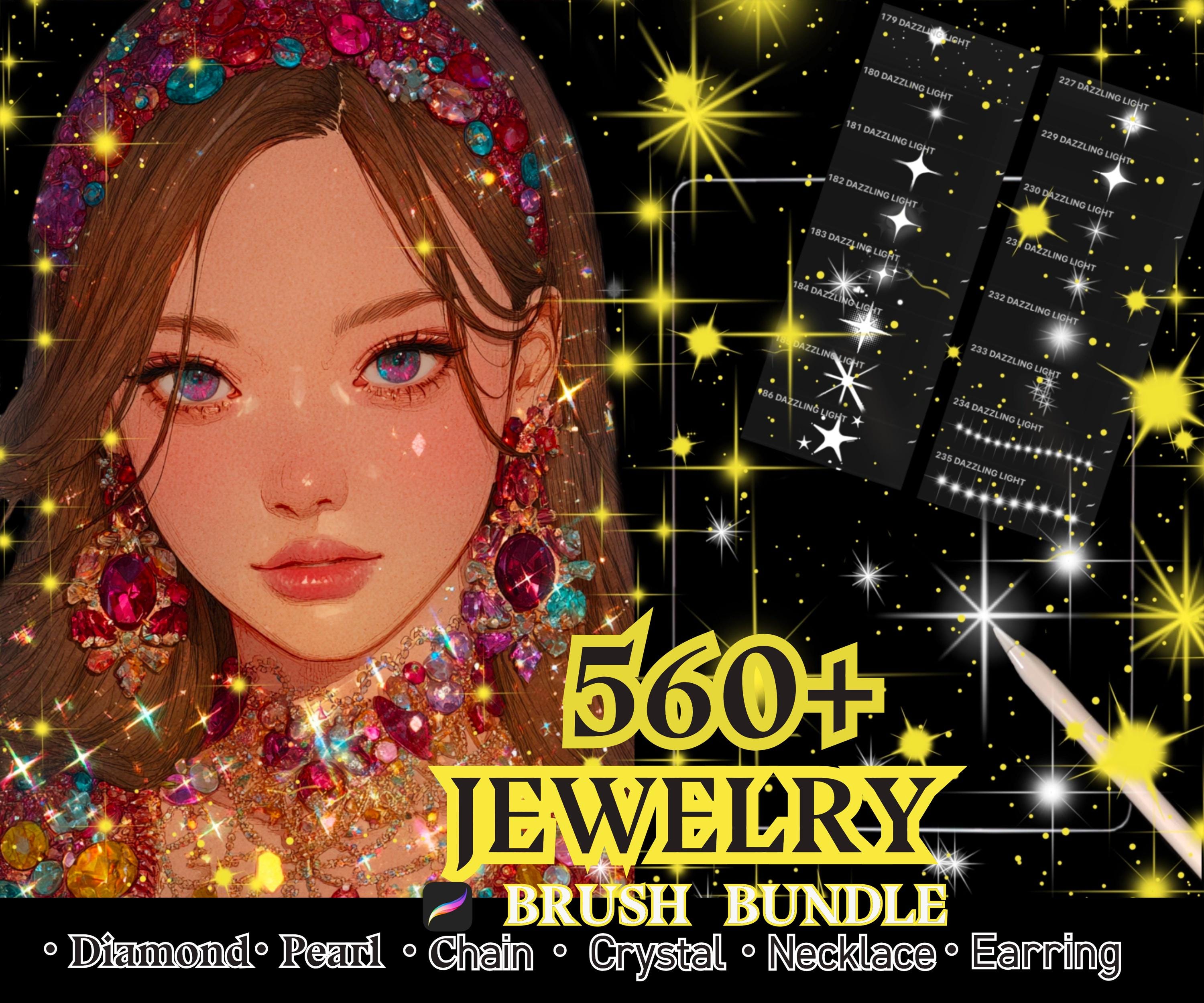 Paquete de 560+ pinceles de joyería para Procreate – Perlas, Cadenas, Aretes, Anillos, Colgantes, Destellos y Texturas de diamante