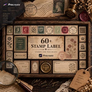 May include: A digital collection of over 60 vintage-style stamp and label brushes for Procreate, displayed in a wooden tray. The set includes various postage stamps, floral illustrations, and postal markings with text like 60+ STAMP LABEL.