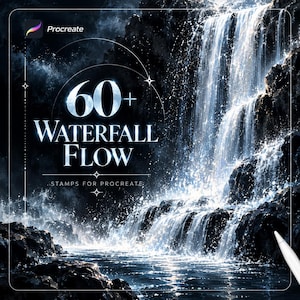 Könnte beinhalten: Eine digitale Grafik mit einem Wasserfall, der über dunkle Felsen fließt, mit dem Text 60+ WATERFALL FLOW STAMPS FOR PROCREATE und dem Procreate-Logo. Das Bild zeigt hellweißes Wasser, das in einer dunklen Umgebung auf schwarze Steine spritzt.