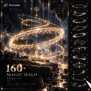 May include: A digital brush set for Procreate featuring over 160 magic halo effects. The display shows glowing golden light rings with script text and sparkles over a dark rocky landscape, with a sidebar listing twelve distinct brush stroke examples.