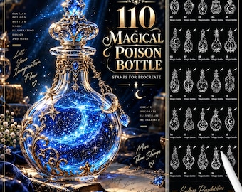 May include: A digital stamp set for Procreate featuring 110 magical poison bottle designs. The main image displays a detailed glass bottle with gold filigree, a blue crystal stopper, and a glowing blue nebula interior, alongside a list of 24 stamps.