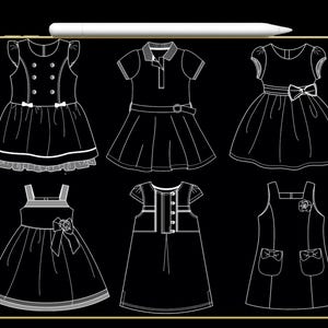 K&ouml;nnte beinhalten: Schwarz-Wei&szlig;-Zeichnung von sechs verschiedenen Kleidern. Die Kleider sind in verschiedenen Stilen gehalten, darunter ein doppelreihiges Kleid, ein Polokleid und ein Kleid mit Schleife in der Taille. Modedesign-Illustration.