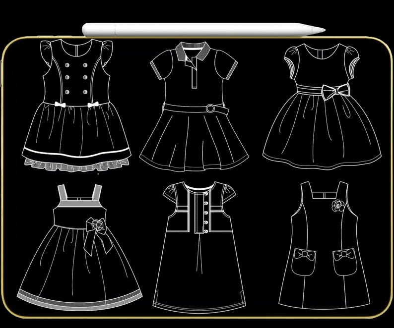 K&ouml;nnte beinhalten: Schwarz-Wei&szlig;-Zeichnung von sechs verschiedenen Kleidern. Die Kleider sind in verschiedenen Stilen gehalten, darunter ein doppelreihiges Kleid, ein Polokleid und ein Kleid mit Schleife in der Taille. Modedesign-Illustration.
