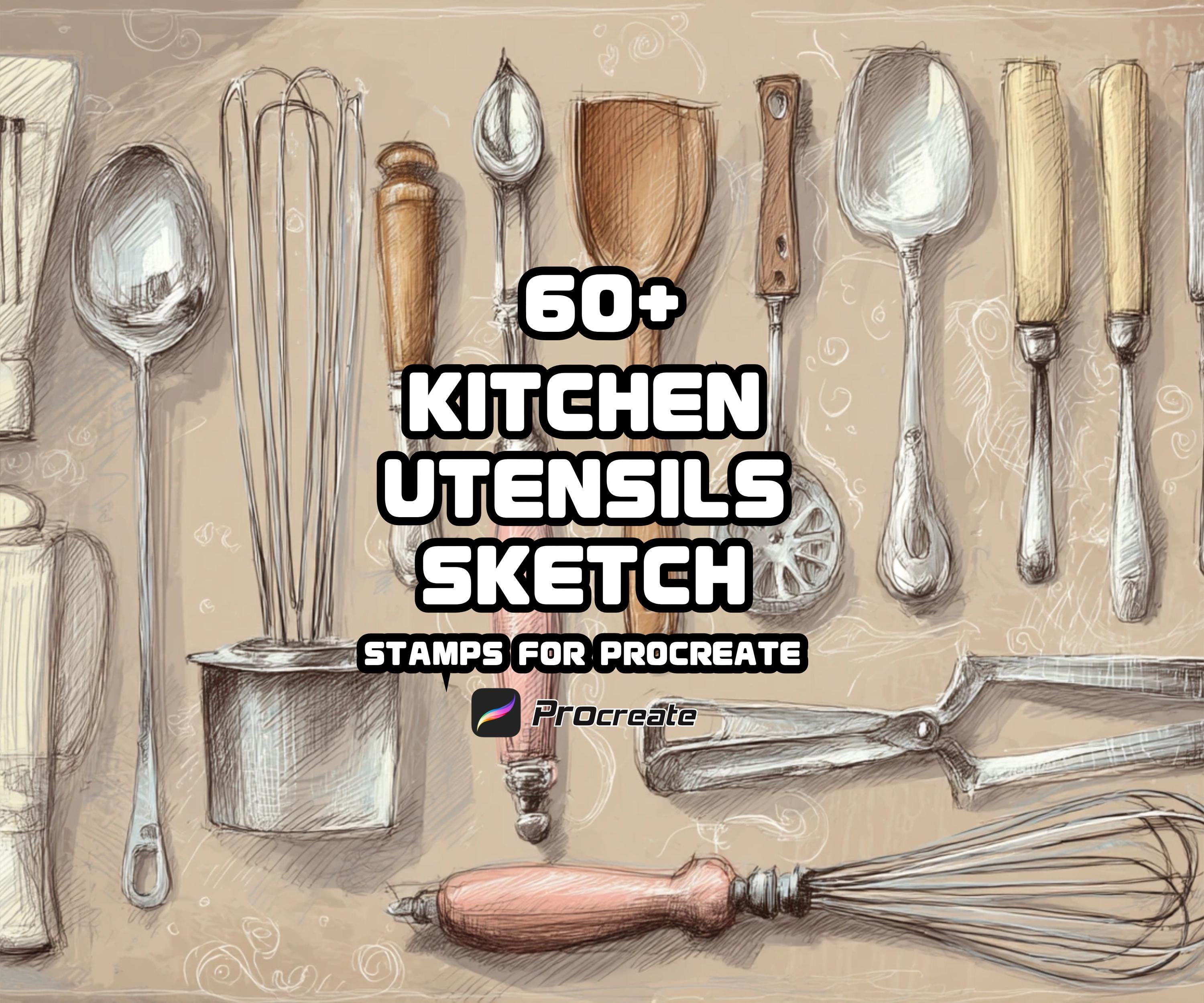 Procreate Kitchen Utensils Brush Set: Cooking Tools Line Art (Digital Download)