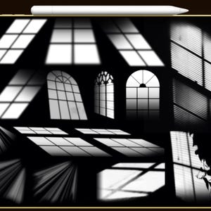 May include: A digital art piece featuring various window shadow effects in white against a black background. The image showcases different window shapes, including rectangular, arched, and gothic styles, with light and shadow patterns. A white stylus rests at the top.