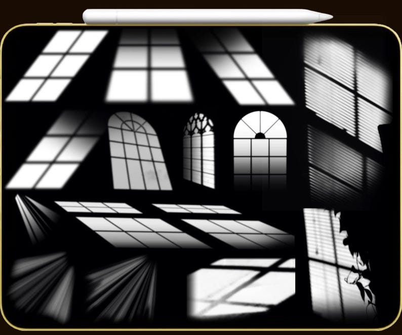 May include: A digital art piece featuring various window shadow effects in white against a black background. The image showcases different window shapes, including rectangular, arched, and gothic styles, with light and shadow patterns. A white stylus rests at the top.