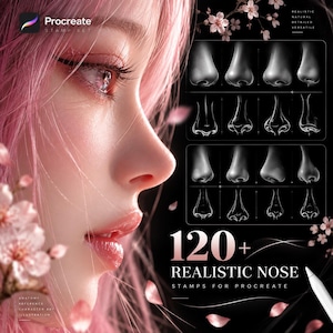 Op de afbeelding: Een digitale kunststempelset voor Procreate met 120+ realistische neusanatomie-referenties. De afbeelding toont een profiel van een gezicht met roze haar, kersenbloesems en een raster van verschillende neusvormen in grijstinten met tekst.