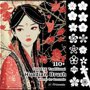 May include: Digital art featuring a woman in traditional Chinese attire, surrounded by red floral designs. The image includes a set of white flower stamps and text that reads "110+ Chinese Traditional Huadian Brush Stamps for Procreate."