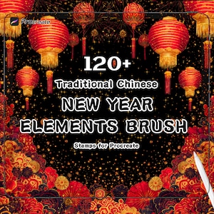May include: A digital art graphic with a black background featuring red Chinese lanterns and the text "120+ Traditional Chinese New Year Elements Brush". The image includes decorative floral elements and the Procreate logo.