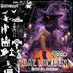 Stempelborstelset Halloween Procreate | 200+ spookachtige clipartontwerpen | Heks, pompoen, spook en horror | Digitale download