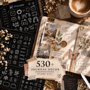 May include: A digital journal decor stamp kit featuring 530+ elements displayed on black screens with white line art icons, including flowers, hearts, and frames. An open journal page shows collage elements, a butterfly sticker, and text.