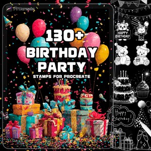 May include: A digital art graphic featuring a birthday party theme. The image includes colorful balloons, gift boxes, cakes, and the text "130+ BIRTHDAY PARTY STAMPS FOR PROCREATE". Additional illustrations of bears, cakes, and party hats are also present.