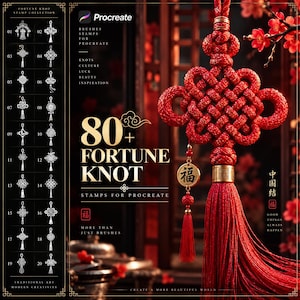 May include: A digital collection of 80+ Fortune Knot stamps for Procreate, featuring a large, intricate red decorative knot with a tassel and a gold charm with Chinese characters. The display includes a grid of white knot icons on a dark background.