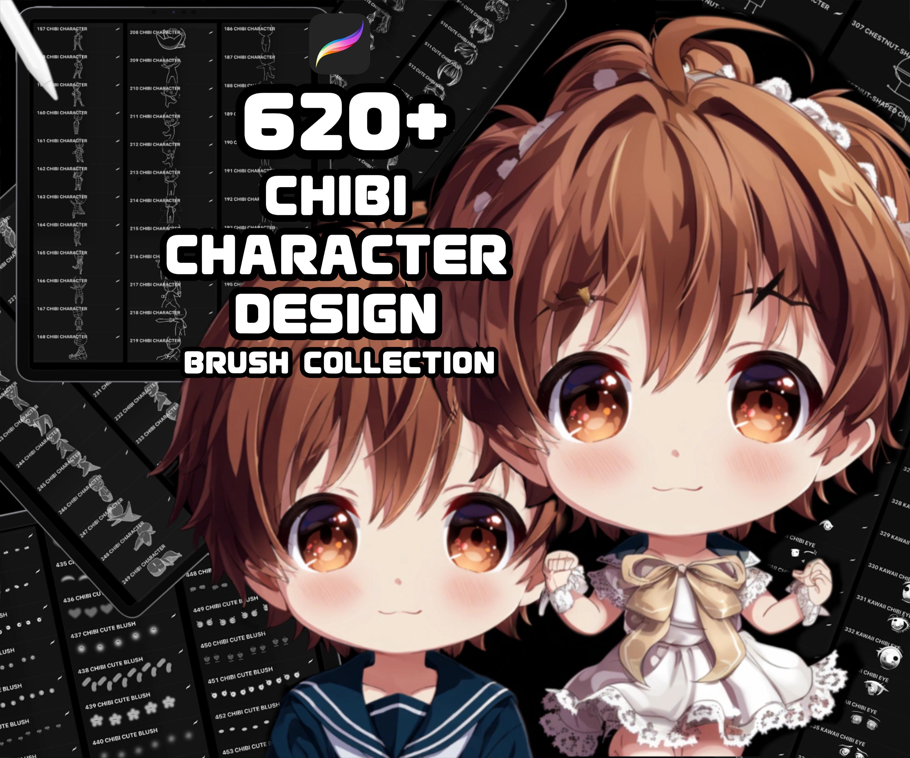 620+ pinceles de Procreate para personajes chibi | Peinados, ojos, rubor, guías, contornos y viñetas