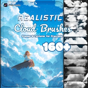 May include: A digital art product advertisement for Procreate. The image features the text "REALISTIC Cloud Brushes" and "160+" against a backdrop of blue skies and fluffy clouds. A person is sitting in a boat in the clouds.