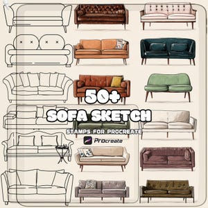 Pinceles de arte lineal para sofás de Procreate / 54 formas y estilos de sofás / Uso comercial / Descarga digital