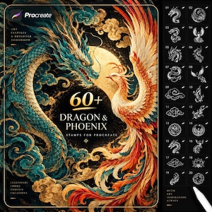 Drake & Phoenix Procreate-penselset | Kinesiska tatueringskonst- och mytiska varelsepenslar | Digital illustration | Direktnedladdning
