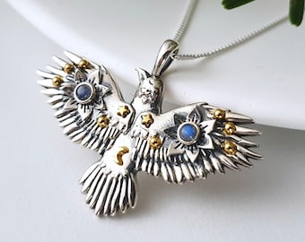 925 Sterling Silver Flying Crow Pendant - Moonstone jewelry - Raven Pendant - Flying bird - Raven necklace - Spiritual jewelry - Birthstone
