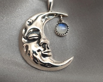 Ciondolo a forma di mezzaluna in argento sterling 925 - Gioielli in pietra di luna naturale - Collana celeste Boho - Gioielli in stile Boho - Ciondolo con fase lunare