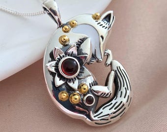 Sterling Silver Sleeping Fox Pendant with Garnet  - Gemstone Whimsical Jewelry - Fox necklace - Birthstone pendant - Fox lover gift