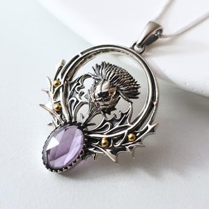 Sterling Silver Thistle Pendant with Amethyst - Scottish Celtic Thistle pendant - Silver flower pendant - Amethyst thistle - Celtic