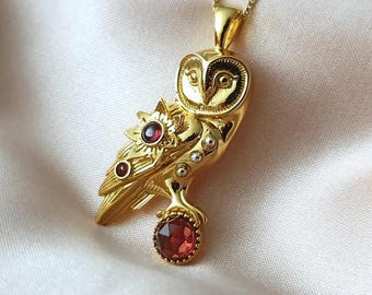 18k Gold Owl Pendant with Garnet or Moonstone - Garnet Birthstone pendant - Gold plated owl pendant - Barn owl necklace - birthstone pendant