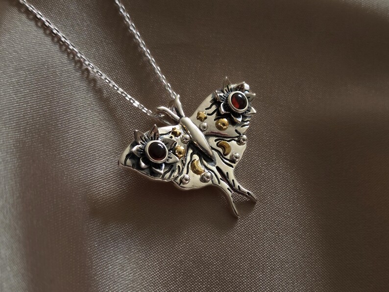 Sterling Silver Luna Moth Necklace with Moonstone gemstones - Moth amulet - Spiritual necklace - Gift for her - Designer jewelry image 7
