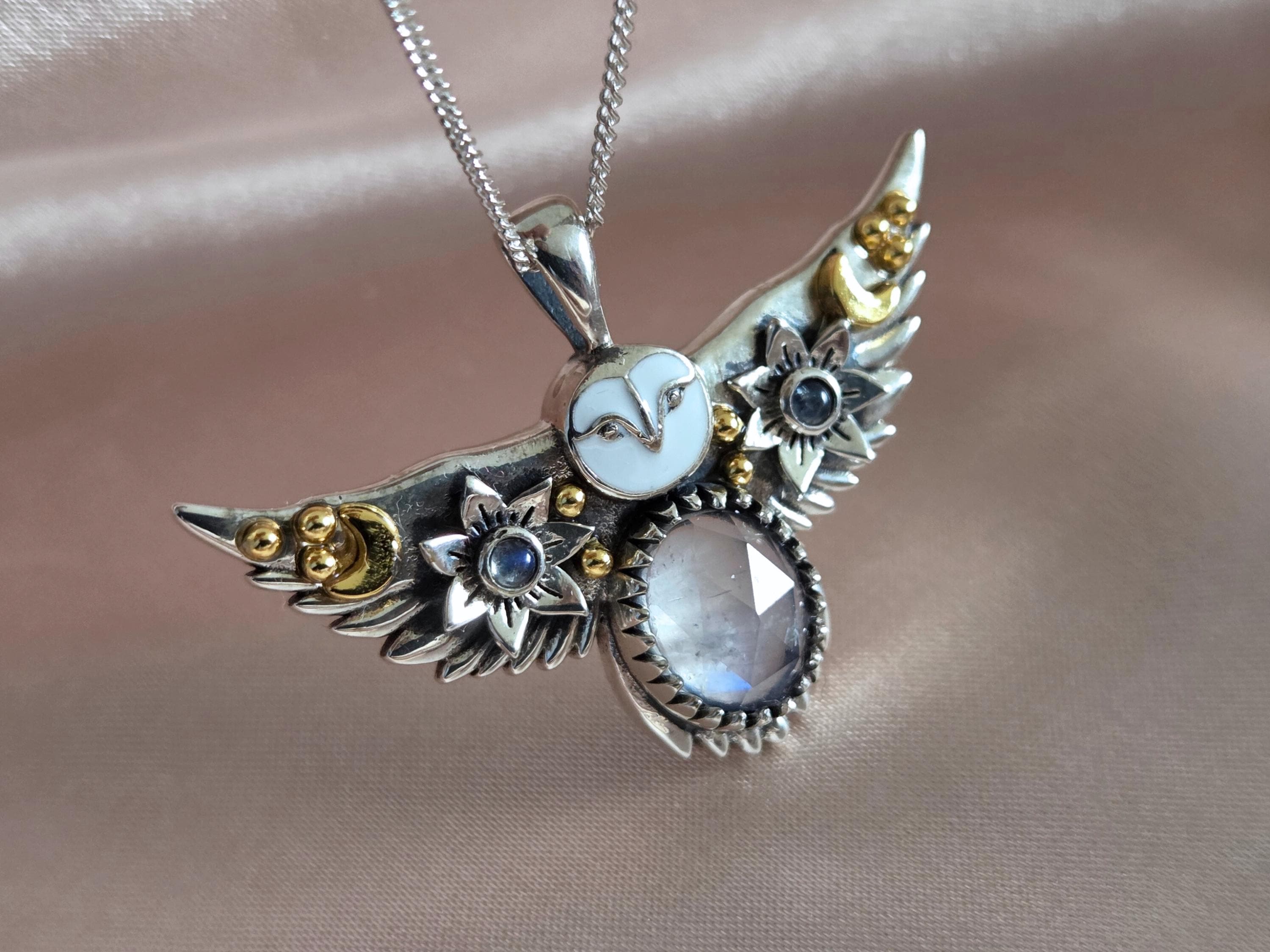 925 Sterling Silver Flying Owl Necklace - Barn owl pendant - Spiritual owl necklace - Owl with moons