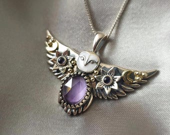 925 Sterling Silver Barn Owl Pendant - Amethyst necklace - Owl necklace - Dainty owl necklace - Spiritual owl pendant - Luxury Flying owl