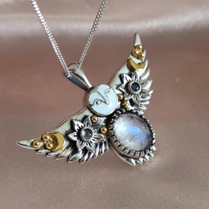 Sterling Silver Flying Owl Necklace: Moonstone & 18k Gold Accent