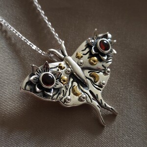 Sterling Silver Luna Moth Necklace with Moonstone gemstones - Moth amulet - Spiritual necklace - Gift for her - Designer jewelry Garnet