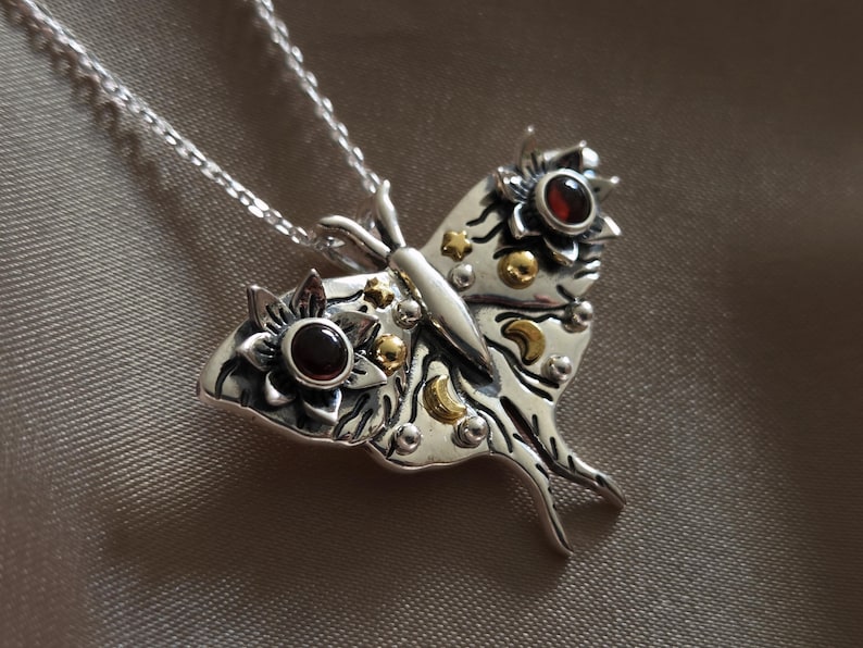 Sterling Silver Luna Moth Necklace with Moonstone gemstones - Moth amulet - Spiritual necklace - Gift for her - Designer jewelry Garnet