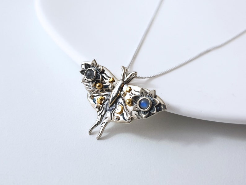 moth pendant, silver moth necklace, silver moth with moonstones