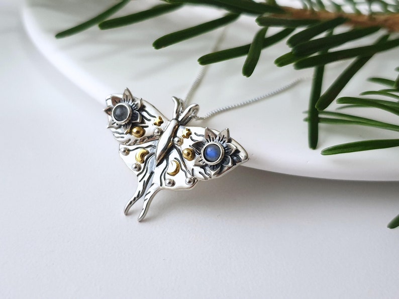 luna moth pendant, silver luna moth