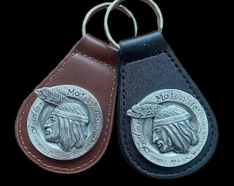 Vintage Indian Motorcycle Concho Key Fob, Pewter & Leather Biker Gift