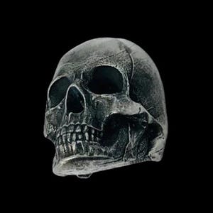 Pode incluir: Um anel de caveira de prata detalhado com uma superfície texturizada. A caveira é representada com um design anatômico realista, incluindo os dentes e as órbitas.