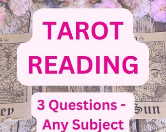 May include: A tarot reading advertisement with the words "TAROT READING" in bright pink on a light pink background. The text "3 Questions - Any Subject" is below. The background includes tarot cards, flowers, and decorative elements.