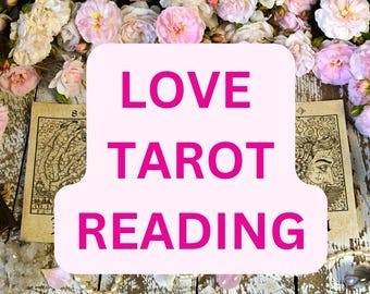 May include: A pink and white sign with the text "LOVE TAROT READING" in bold pink letters. The sign is surrounded by pink roses and tarot cards.