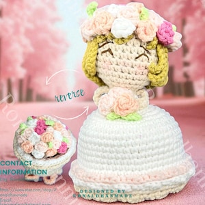 Patrón de crochet para ramo de flores reversible y novia amigurumi, muñeca 2 en 1 (PDF), ideal para principiantes.
