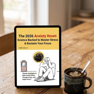 May include: A tablet displays "The 2026 Anxiety Reset" with text about stress management and focus. An illustration depicts a person with a tangled thought bubble. A cup of coffee with latte art sits on a wooden table, next to a coaster and a linen napkin.