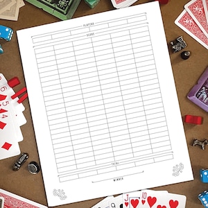 May include: A printable scorecard for a game with sections for players, score, total, and winner.